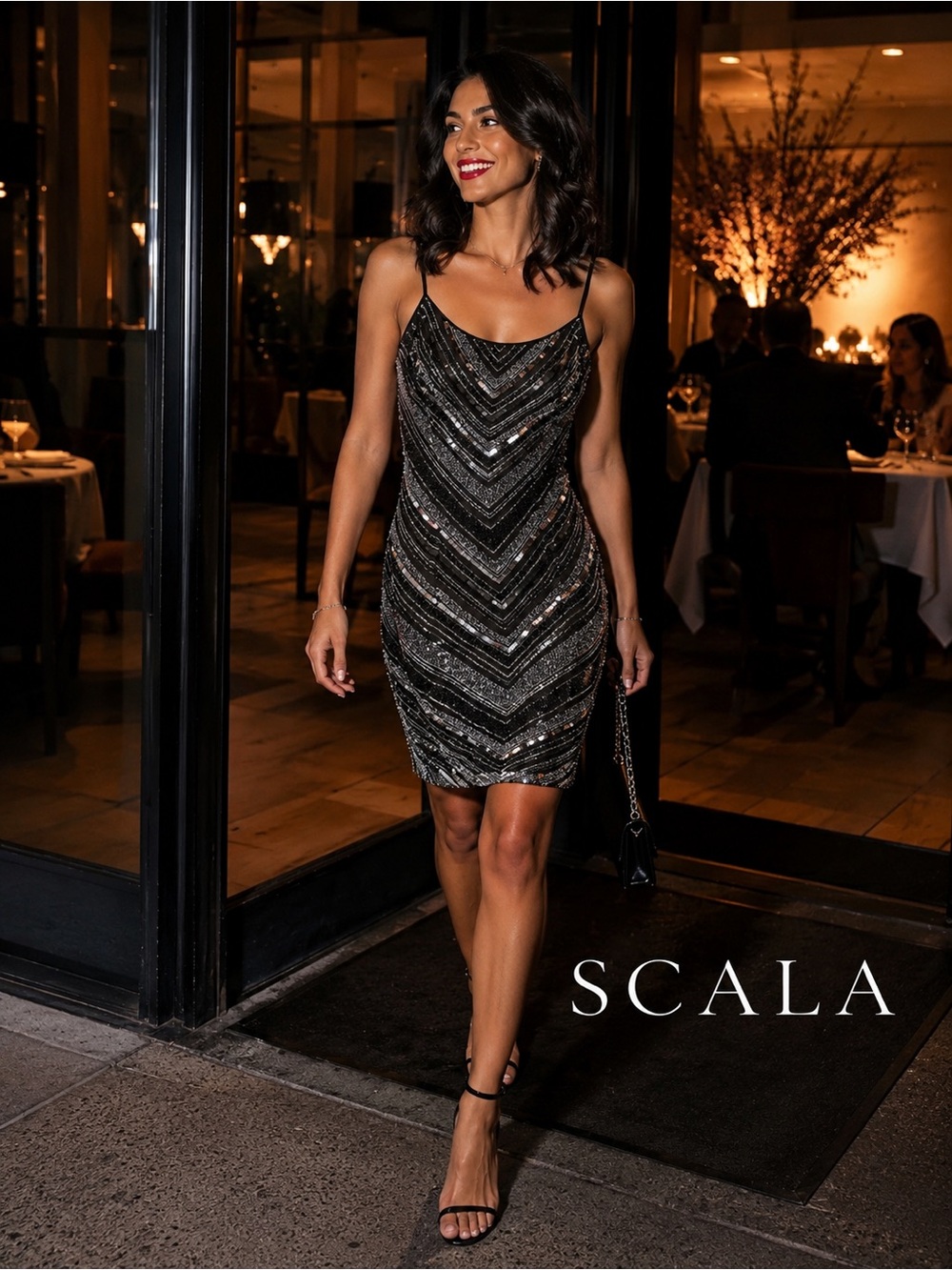 🌸SCALA Black Sequin Beaded Slip Mini Dress size M evening cocktail